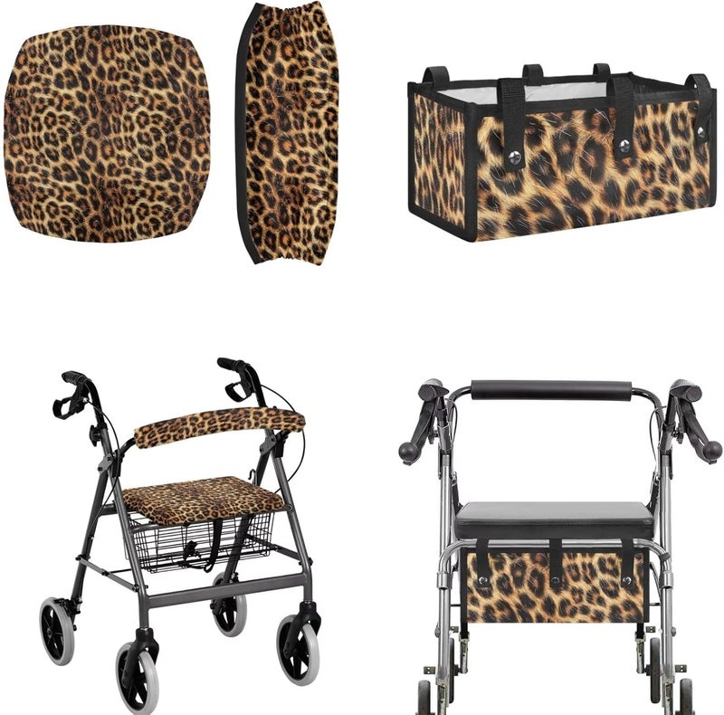 LedBack Leopard Print Rollator Walker Accessories 3 Pack Rollator Walker Seat and Backrest Rollbar Covers Soft Universal Walkers Seat Covers Organizer Pouch Storage - Image 1